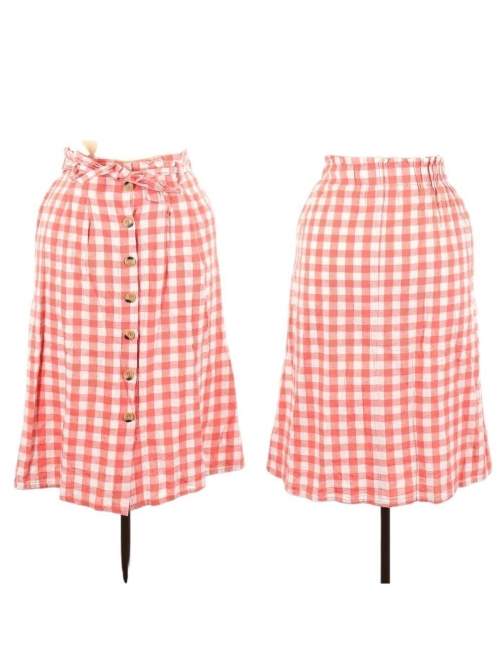 GIANNI BINI Gingham Button Front Linen Rustic Midi Skirt XL